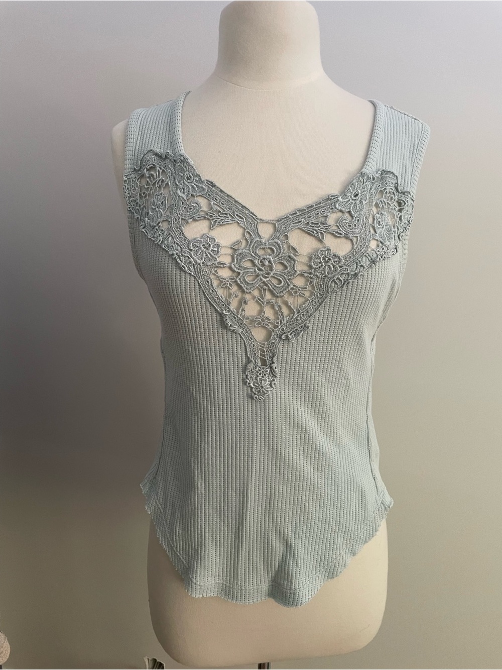Free People Sleeveless Crochet-Trim Ribbed Tank Top in Light Sage